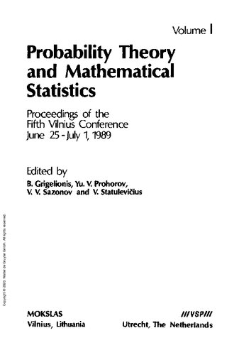 Probability Theory and Mathematical Statistics: Vol 1 Proceeding 1989