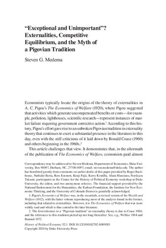 “Exceptional and Unimportant”?: Externalities, Competitive Equilibrium, and the Myth of a Pigovian Tradition