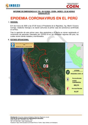 Epidemia coronavirus en el Perú. Informe de emergencia N° 753 - 26/10/2020