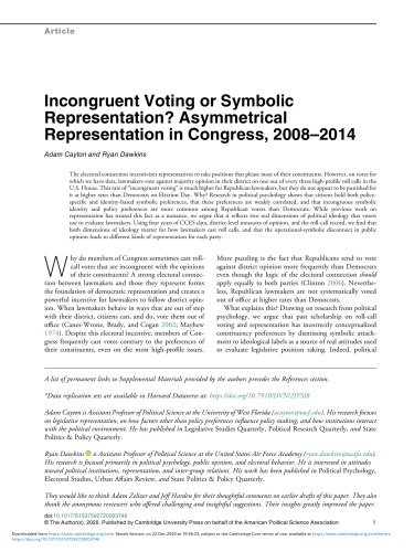 Incongruent Voting or Symbolic Representation? Asymmetrical Representation in Congress, 2008–2014