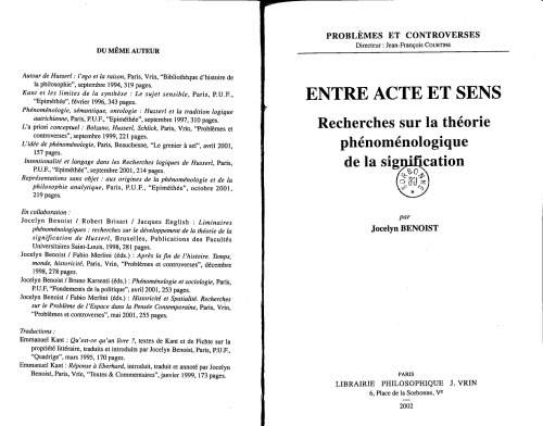 Entre acte et sens. Recherches sur la théorie phénoménologique de la signification