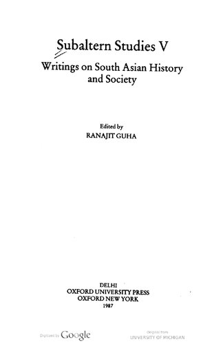 Subaltern Studies V: Writings on South Asian History and Society