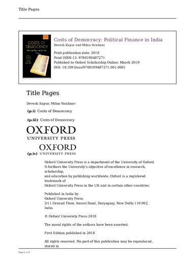 Costs of Democracy: Political Finance in India