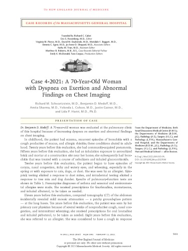 Case 4-2021: A 70-Year-Old Woman with Dyspnea on Exertion and Abnormal Findings on Chest Imaging