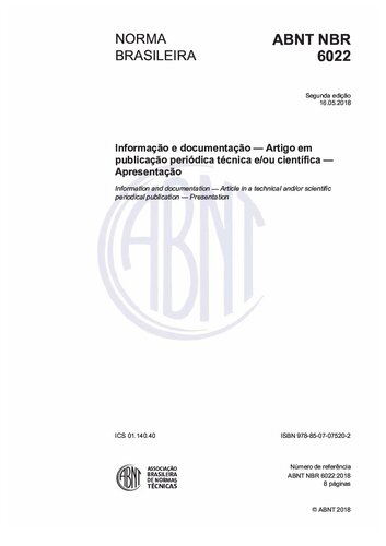 [ABNT NBR 6022:2018] Informação e documentação - Artigo em publicação periódica técnica e/ou científica - Apresentação