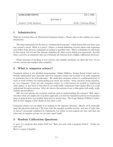 Great Ideas in Theoretical Computer Science Lecture Notes (MIT 6.045)