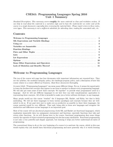 Programming Languages Lecture Notes (Washington CSE341)