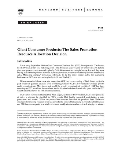 Giant Consumer Products: The Sales Promotion Resource Allocation Decision  (Business case study)