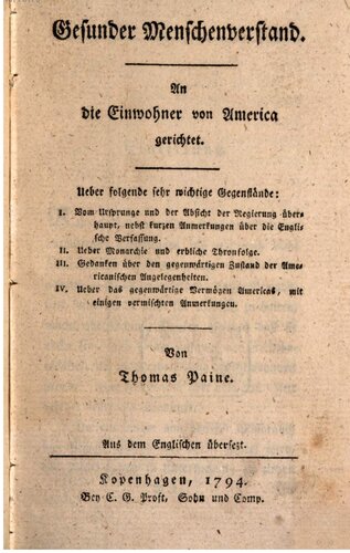 Gesunder Menschenverstand. An die Einwohner von America gerichtet