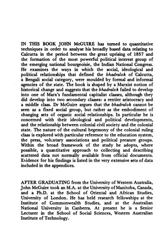 The Making of a Colonial Mind: A Quantitative Study of the Bhadralok in Calcutta, 1857-1885