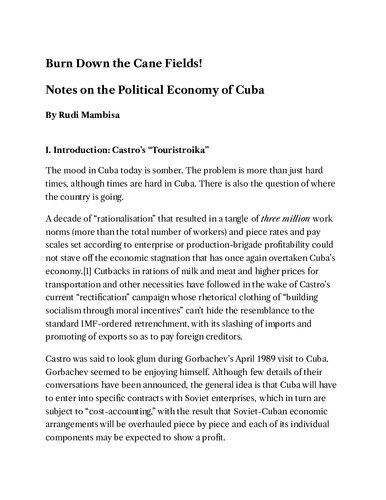 Burn Down the Cane Fields! Notes on the Political Economy of Cuba