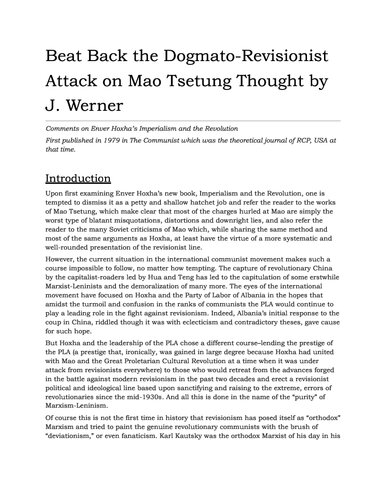 Beat Back the Dogmato-Revisionist Attack on Mao Tsetung Thought