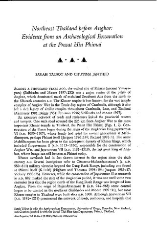 Northeast Thailand before Angkor: Evidencefrom an Archaeological Excavation at the Prasat Hin Phimai