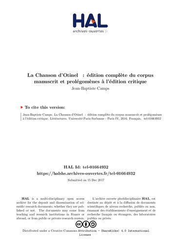 La Chanson d'Otinel : édition complète du corpus manuscrit et prolégomènes à l'édition critique