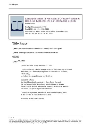 Episcopalianism in Nineteenth-Century Scotland: Religious Responses to a Modernizing Society