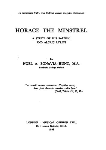 Horace the Minstrel: A Study of His Sapphic and Aeolic Lyrics