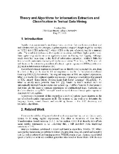 Theory and Algorithms for Information Extraction and Classification in Textual Data Mining