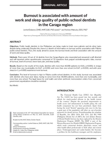 Burnout is associated with amount of work and sleep quality of public-school dentists in the Caraga region