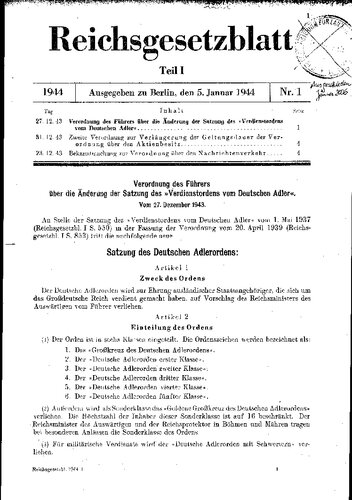 Reichsgesetzblatt - 1944 Nr. 1 - Teil I - Ausgegeben in Berlin am 5. Januar (356 S., Scan)