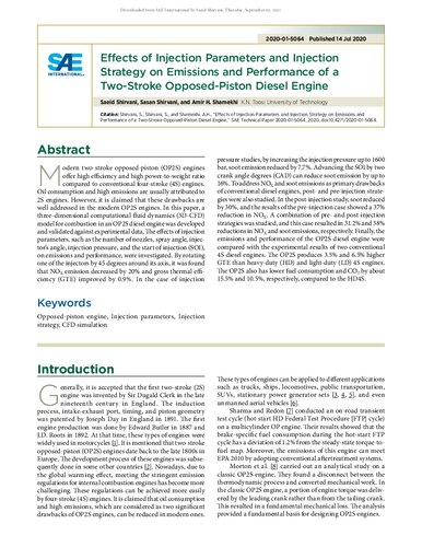 Effects of Injection Parameters and Injection Strategy on Emissions and Performance of a Two-Stroke Opposed-Piston Diesel Engine