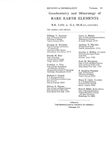 Geochemistry and Mineralogy of Rare Earth Elements