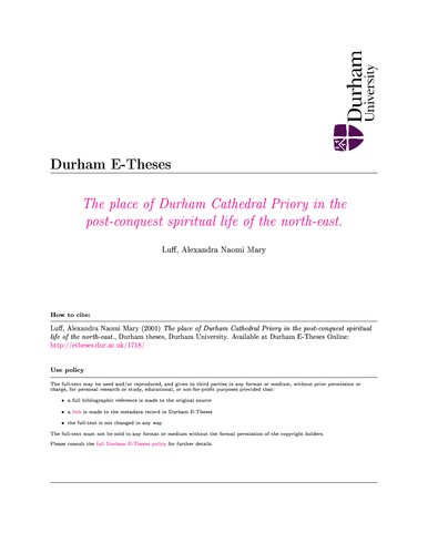 The Place of  Durham Cathedral Priory in the Post-Conquest Spiritual Life of the North-East