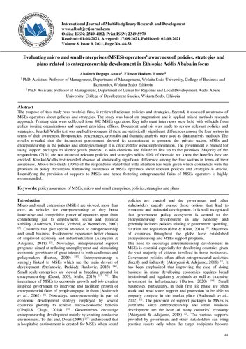 Evaluating micro and small enterprises (MSES) operators’ awareness of policies, strategies and plans related to entrepreneurship development in Ethiopia: Addis Ababa in focus