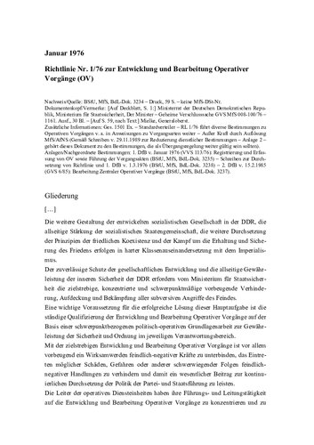 MfS-Richtlinie Nr. 1 76 zur Entwicklung und Bearbeitung Operativer Vorgänge