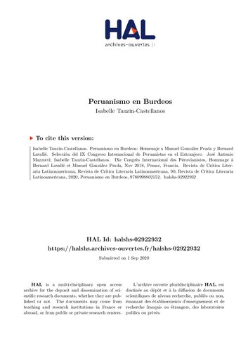 Peruanismo en Burdeos : Homenaje a Manuel González Prada y Bernard Lavallé : Selección del IX Congreso Internacional de Peruanistas en el Extranjero : Recherches sur le Pérou