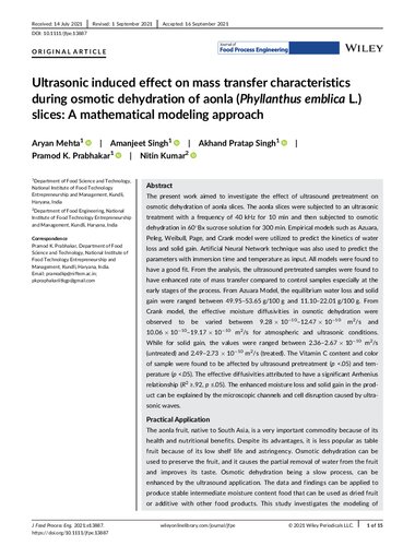 Ultrasonic induced effect on mass transfer characteristics during osmotic dehydration of aonla (Phyllanthus emblica L.) slices: A mathematical modeling approach