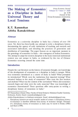 The Making of Economics as a Discipline in India: Universal Theory and Local Tensions