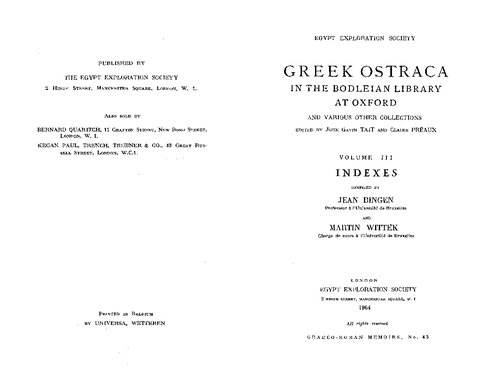 Greek Ostraca in the Bodleian Library at Oxford and various other collections. Volume 3, Indexes