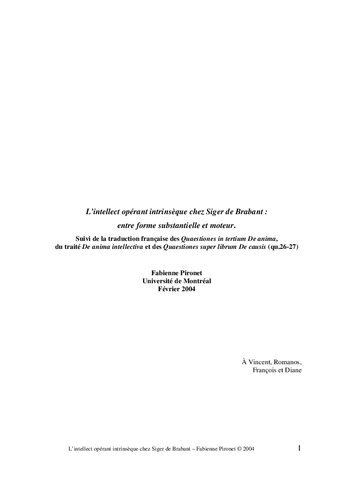 L’intellect opérant intrinsèque chez Siger de Brabant : entre forme substantielle et moteur