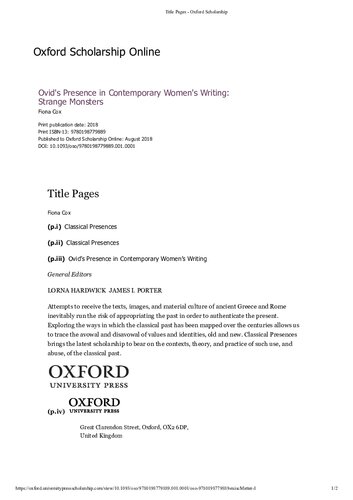 Ovid's Presence in Contemporary Women's Writing: Strange Monsters