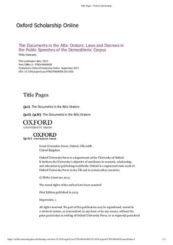 The Documents in the Attic Orators: Laws and Decrees in the Public Speeches of the Demosthenic Corpus