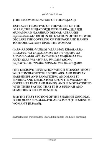 The a Recommendation of the Niqaab taken from the works of Shaykh al-Albani