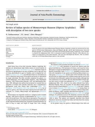 Journal of Asia-Pacific Entomology 
Review of Indian species of Monoceromyia Shannon (Diptera: Syrphidae) with description of two new species