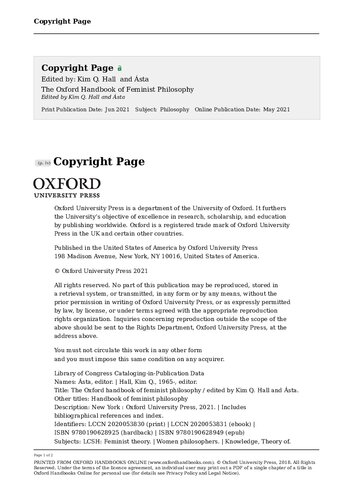 The Oxford Handbook of Feminist Philosophy