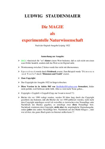 Staudenmaier, Ludwig - Die Magie als experimentelle Naturwissenchaft (1922, 258 S., Text).