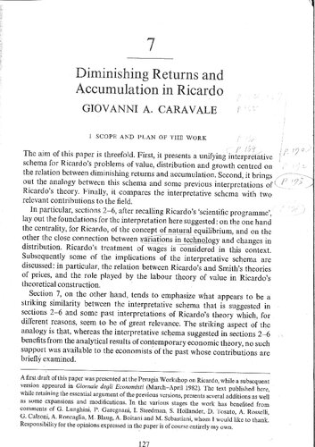 Diminishing Returns and Accumulation in Ricardo (article from The Legacy of Ricardo, 1985)