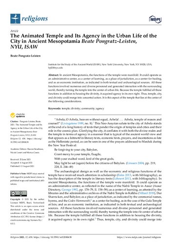 The Animated Temple and Its Agency in the Urban Life of the City in Ancient Mesopotamia