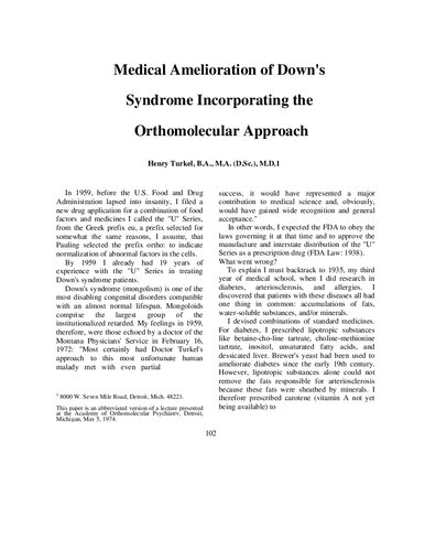 Dr Henry Turkel 1974 Paper: Medical Amelioration of Down's Syndrome Incorporating the Orthomolecular Vitamins Minerals Approach