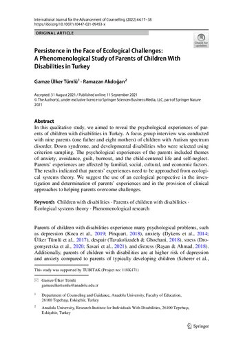 Persistence in the Face of Ecological Challenges: A Phenomenological Study of Parents of Children With Disabilities in Turkey