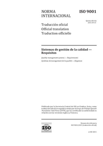 ISO 9001:2015 Sistemas de gestión de la calidad — Requisitos