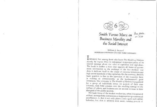 Smith versus Marx on Business Morality and the Social Interest (-William Baumol's article from Adam Smith and the Wealth of Nations 1776-1976 Bicentennial Essay-)