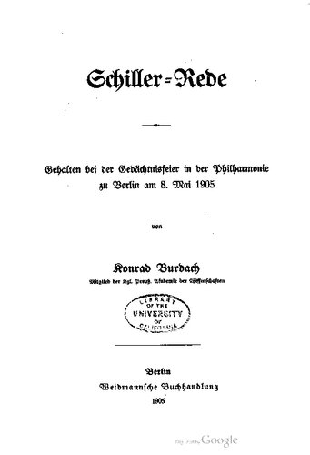 Schiller-Rede : Gehalten bei der Gedächtnisfeier in der Philharmonie zu Berlin am 8. Mai 1905