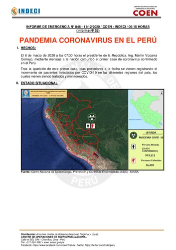 Pandemia coronavirus en el Perú. Informe de emergencia N° 846 - 11/12/2020