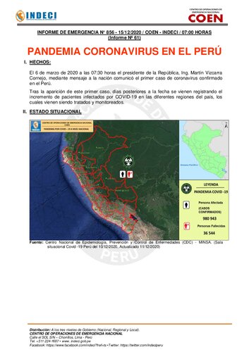 Pandemia coronavirus en el Perú. Informe de emergencia N° 856 - 15/12/2020