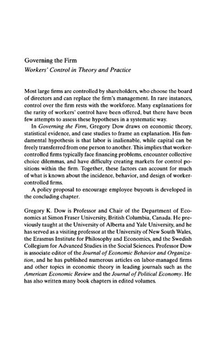 Governing the Firm: Workers' Control in Theory and Practice