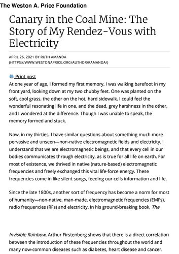 Ruth Amanda (Weston Price Foundation):  EMF sensitivity and how to address it  - Canary in the coal Mine and story of my rendezvouz with EMF